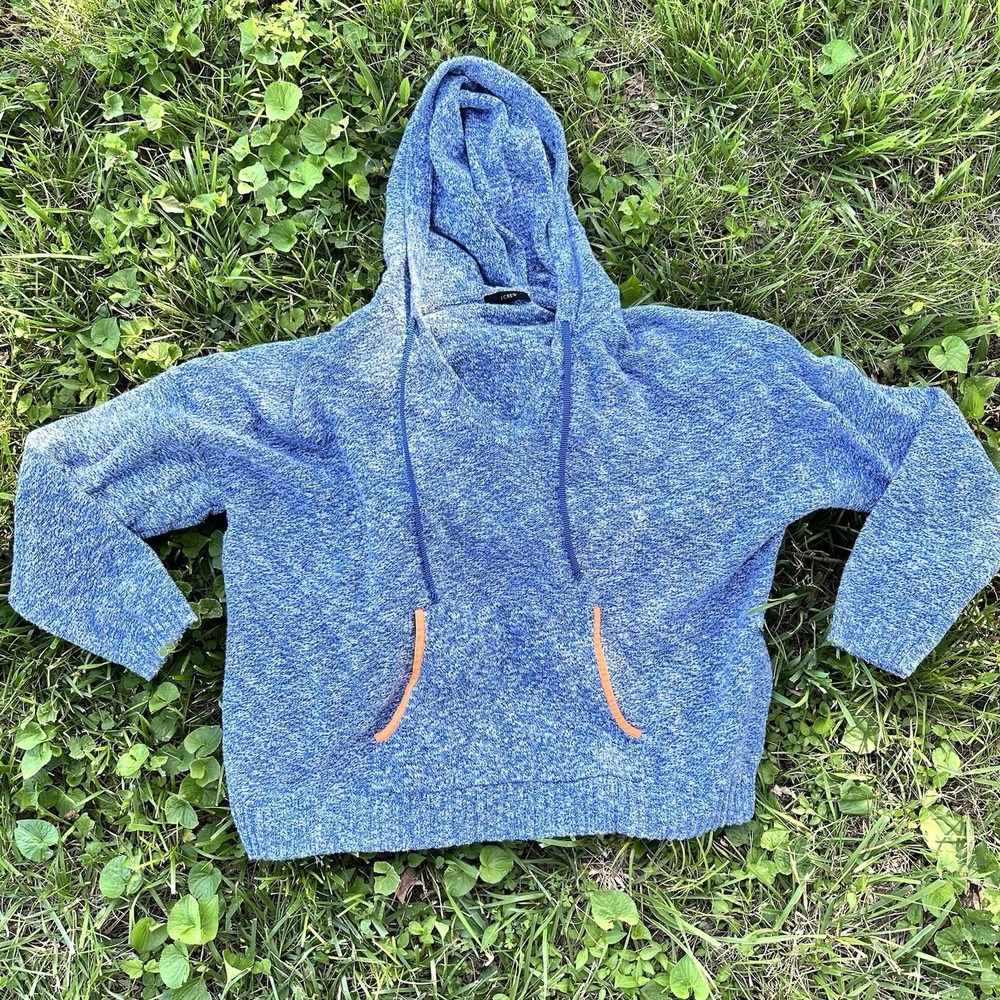 J. Crew Women's Sz L Marled Blue Pullover Hoodie Long Sleeve Orange‎ Trim V-neck